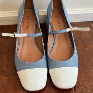 Anthropologie Vicenza Blue (Chambray) and White MaryJanes. Size 10